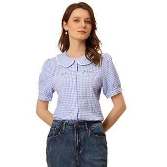 Women's Contrast Peter Pan Collar Blouse Short Sleeve Plaid Shirt Top