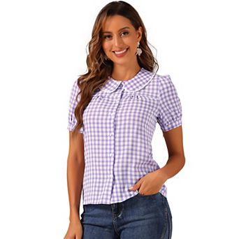 Women's Contrast Peter Pan Collar Blouse Puff Short Sleeve Plaid Shirt Top