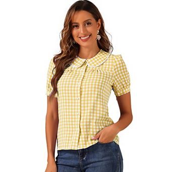 Women's Contrast Peter Pan Collar Blouse Puff Short Sleeve Plaid Shirt Top