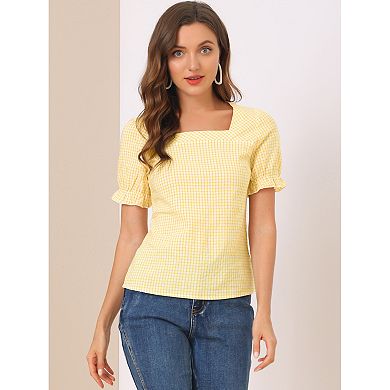 Women's Square Neck Short Sleeve Plaid Print Blouse Top