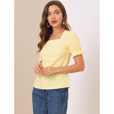 Women's Square Neck Short Sleeve Plaid Print Blouse Top