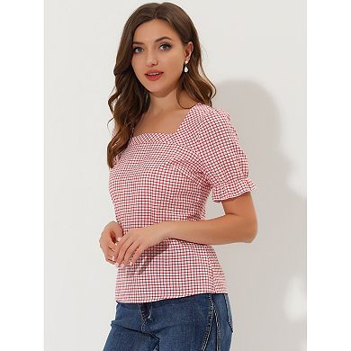 Women's Square Neck Short Sleeve Plaid Print Blouse Top