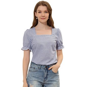 Women's Square Neck Short Sleeve Plaid Print Blouse Top