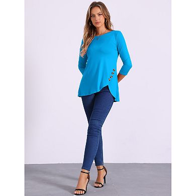 Women's Round Neck 3/4 Sleeve Asymmetric Hem Casual Tunic Top