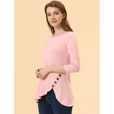 Women's Round Neck 3/4 Sleeve Asymmetric Hem Casual Tunic Top