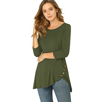 Women's Round Neck 3/4 Sleeve Asymmetric Hem Casual Tunic Top