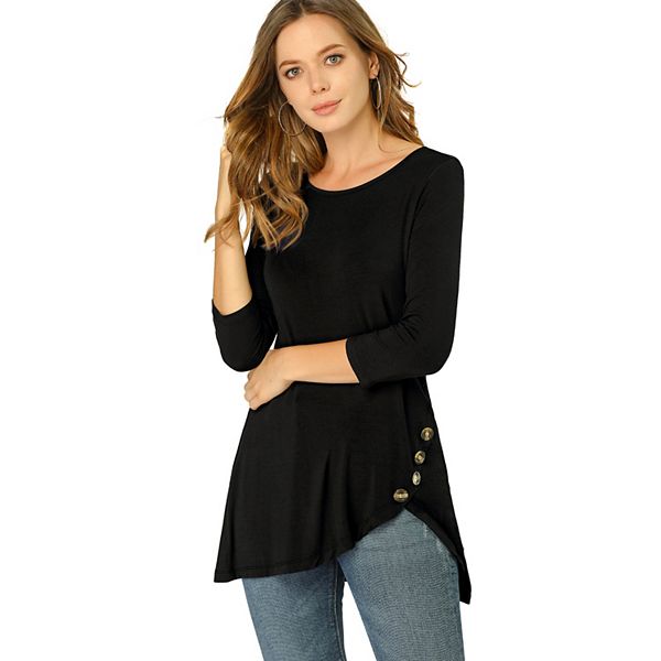 Jet Stream Striped Knit Side Slit Slim Round Neck Tunic Top