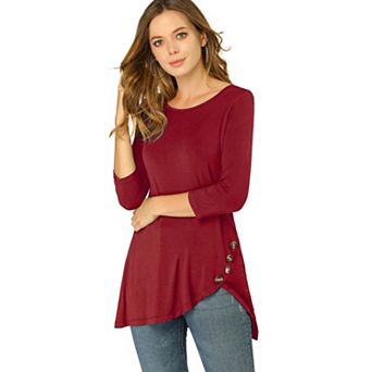 Women's Round Neck 3/4 Sleeve Asymmetric Hem Casual Tunic Top