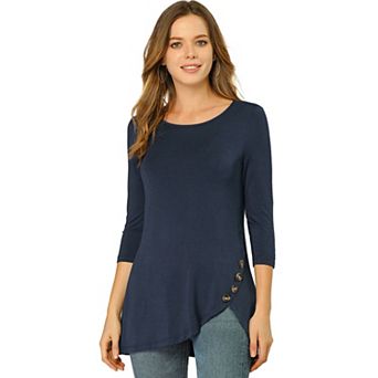 Women's Round Neck 3/4 Sleeve Asymmetric Hem Casual Tunic Top