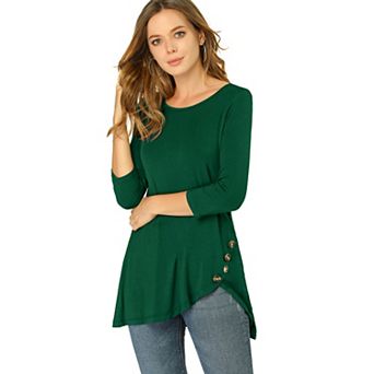 Women's Round Neck 3/4 Sleeve Asymmetric Hem Casual Tunic Top
