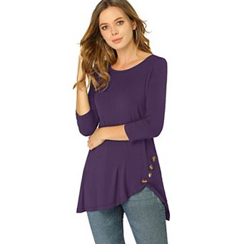 Women's Round Neck 3/4 Sleeve Asymmetric Hem Casual Tunic Top