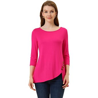 Women's Round Neck 3/4 Sleeve Asymmetric Hem Casual Tunic Top