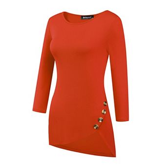 Women's Round Neck 3/4 Sleeve Asymmetric Hem Casual Tunic Top