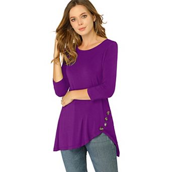Women's Round Neck 3/4 Sleeve Asymmetric Hem Casual Tunic Top