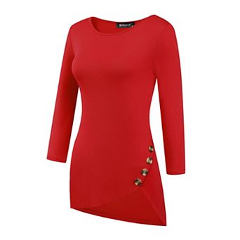 Women's Round Neck 3/4 Sleeve Asymmetric Hem Casual Tunic Top