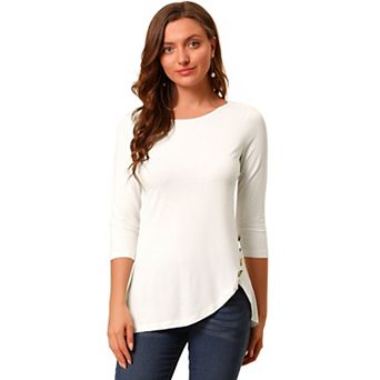 Women's Round Neck 3/4 Sleeve Asymmetric Hem Casual Tunic Top