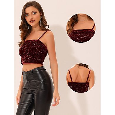 Women's Velvet Spaghetti Strap Glitter Sequin Crop Cami Top