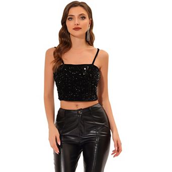 Women's Velvet Spaghetti Strap Glitter Sequin Crop Cami Top