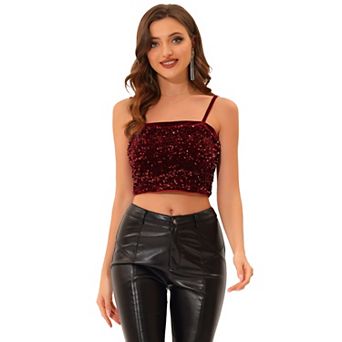 Women's Velvet Spaghetti Strap Glitter Sequin Crop Cami Top