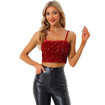 Women's Velvet Spaghetti Strap Glitter Sequin Crop Cami Top