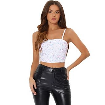 Women's Velvet Spaghetti Strap Glitter Sequin Crop Cami Top