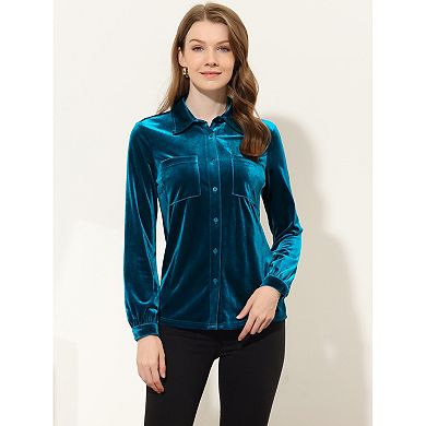 Women's Office Pocket Front Long Sleeve Button Down Velvet Shirt