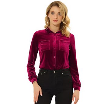 Women's Office Pocket Front Long Sleeve Button Down Velvet Shirt