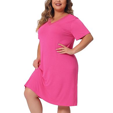 Women's Plus Size Nightgown Lace Panel V Neck Sleepshirt Short Sleeves Solid Pajamas Sleepdress