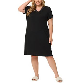 Women's Plus Size Nightgown Lace Panel V Neck Sleepshirt Short Sleeves Solid Pajamas Sleepdress