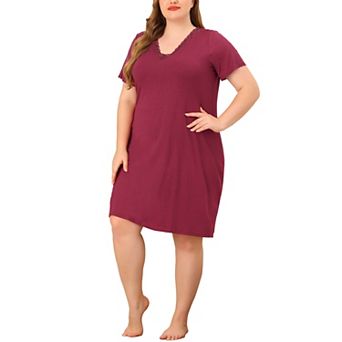 Women's Plus Size Nightgown Lace Panel V Neck Sleepshirt Short Sleeves Solid Pajamas Sleepdress