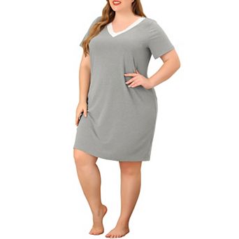 Women's Plus Size Nightgown Lace Panel V Neck Sleepshirt Short Sleeves Solid Pajamas Sleepdress