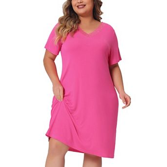 Women's Plus Size Nightgown Lace Panel V Neck Sleepshirt Short Sleeves Solid Pajamas Sleepdress