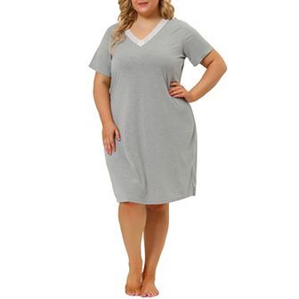 Women's Plus Size Nightgown Lace Panel V Neck Sleepshirt Short Sleeves Solid Pajamas Sleepdress