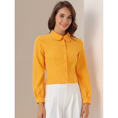 Women's Button up Career Peter Pan Collar Long Bishop Sleeve Shirt