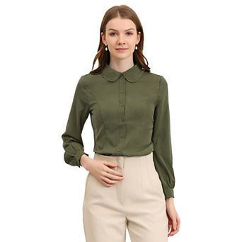 Women's Button up Career Peter Pan Collar Long Bishop Sleeve Shirt