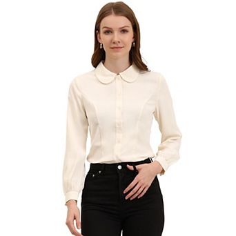 Women's Button up Career Peter Pan Collar Long Bishop Sleeve Shirt