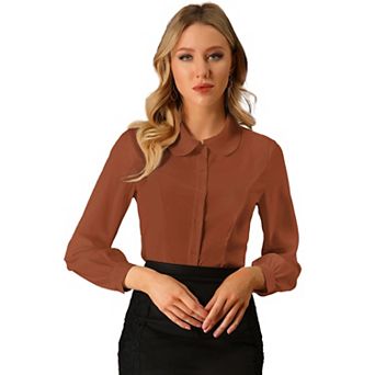 Women's Button up Career Peter Pan Collar Long Bishop Sleeve Shirt