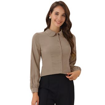 Women's Button up Career Peter Pan Collar Long Bishop Sleeve Shirt