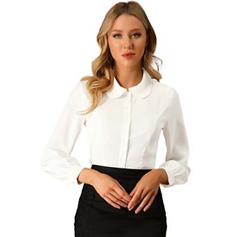 Women's Button up Career Peter Pan Collar Long Bishop Sleeve Shirt