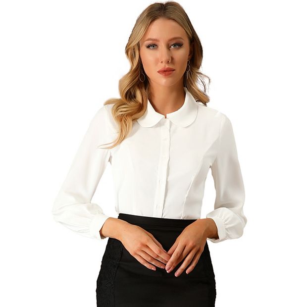 Women's Button Up Career Peter Pan Collar Long Bishop Sleeve Shirt