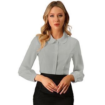 Women's Button up Career Peter Pan Collar Long Bishop Sleeve Shirt