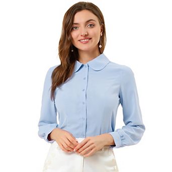 Women's Button up Career Peter Pan Collar Long Bishop Sleeve Shirt