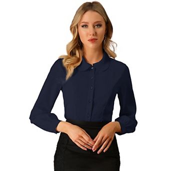 Women's Button up Career Peter Pan Collar Long Bishop Sleeve Shirt