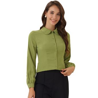 Women's Button up Career Peter Pan Collar Long Bishop Sleeve Shirt
