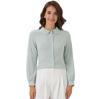 Women's Button up Career Peter Pan Collar Long Bishop Sleeve Shirt