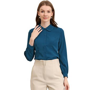 Women's Button up Career Peter Pan Collar Long Bishop Sleeve Shirt