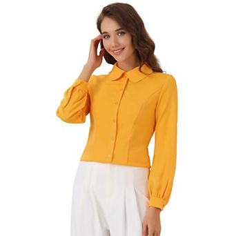 Women's Button up Career Peter Pan Collar Long Bishop Sleeve Shirt
