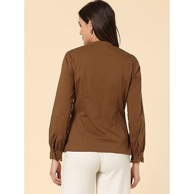 Women's Lace Mock Neck Long Sleeve Cotton Button-Down Shirt