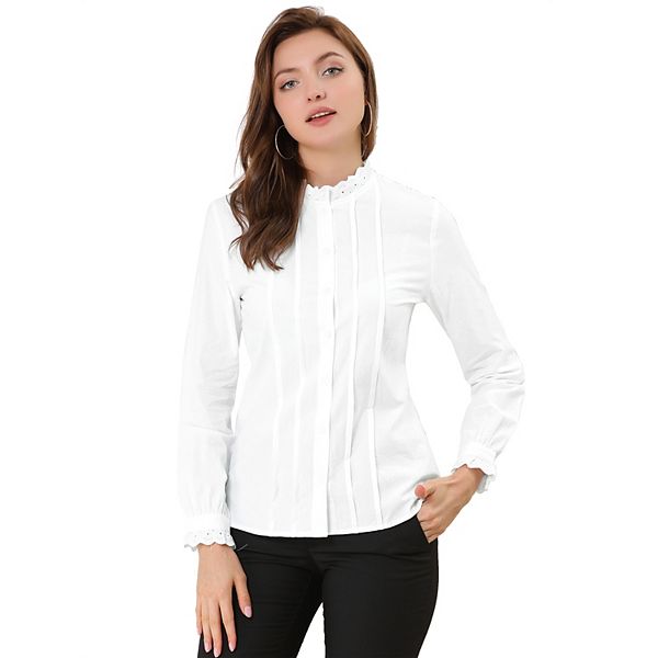 Women's Lace Mock Neck Long Sleeve Cotton Button-Down Shirt