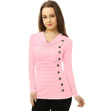 Women's Cowl Neck Buttons Decor Long Sleeves Ruched Blouse